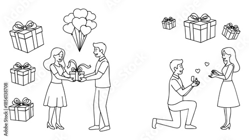 Couple exchanging gifts and man proposing to woman Vector, illustration