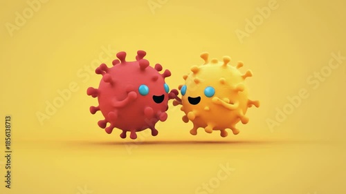 Playful coronavirus characters interacting and moving with happy faces on a yellow background for health awareness concept.