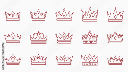 Collection of different pixel art gold crown icons on white background