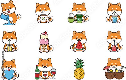 Cute shiba inu dog drinking beverages eating fruits desserts cartoon set, kawaii animal characters, food drinks icons, flat vector illustration