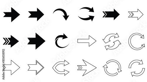 A collection of various black arrow symbols showing different directions and rotations