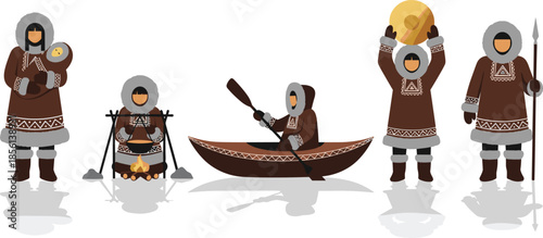Inuit eskimo people traditional lifestyle set with family hunting fishing cooking scenes, arctic culture characters, flat vector illustration
