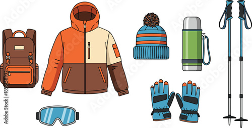 Winter hiking camping equipment set with jacket backpack gloves hat bottle poles goggles, outdoor adventure gear icons, flat vector illustration