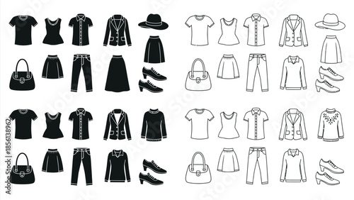 Collection of fashion apparel illustrations shirts dresses skirts pants and accessories