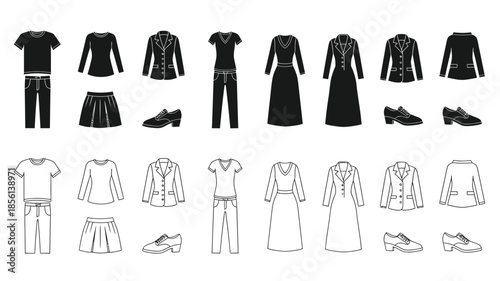 Fashion illustration displaying various clothing items and footwear arrangements