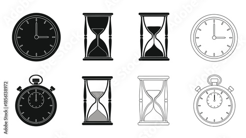Various time measuring devices including clocks hourglasses and stopwatches depicted in black and white