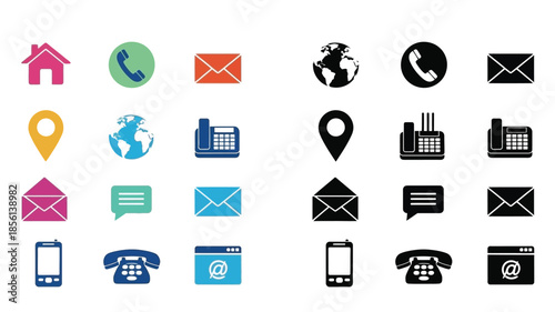 Collection of communication and location icons in colorful and monochrome designs