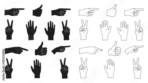 Collection of hand gestures pointing peace signs thumbs up and open palms