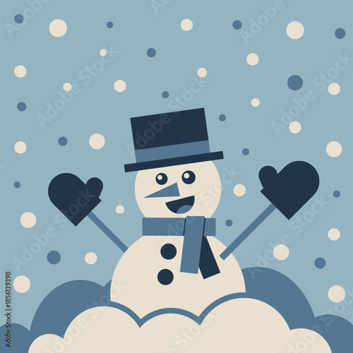 Cute flat vector illustration of a smiling snowman with hat and scarf, winter snowfall scene in pastel blue tones, playful cartoon design.
