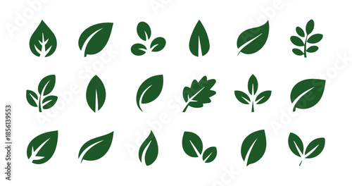 Eighteen Stylized Green Leaf Icons in Rowed Arrangement.