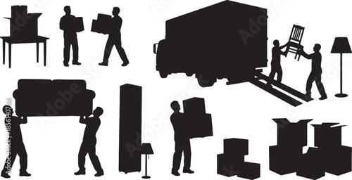 Silhouettes of People Moving Furniture and Boxes Near a Truck also transparent background