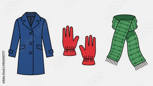Winter Clothing Blue Coat Red Gloves Green Scarf Flat Illustration Isolated