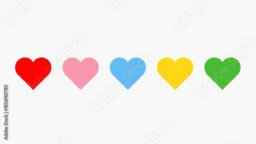 Five Colorful Hearts Red Pink Blue Yellow Green Arranged Horizontally Isolated on White Background Graphic Illustration