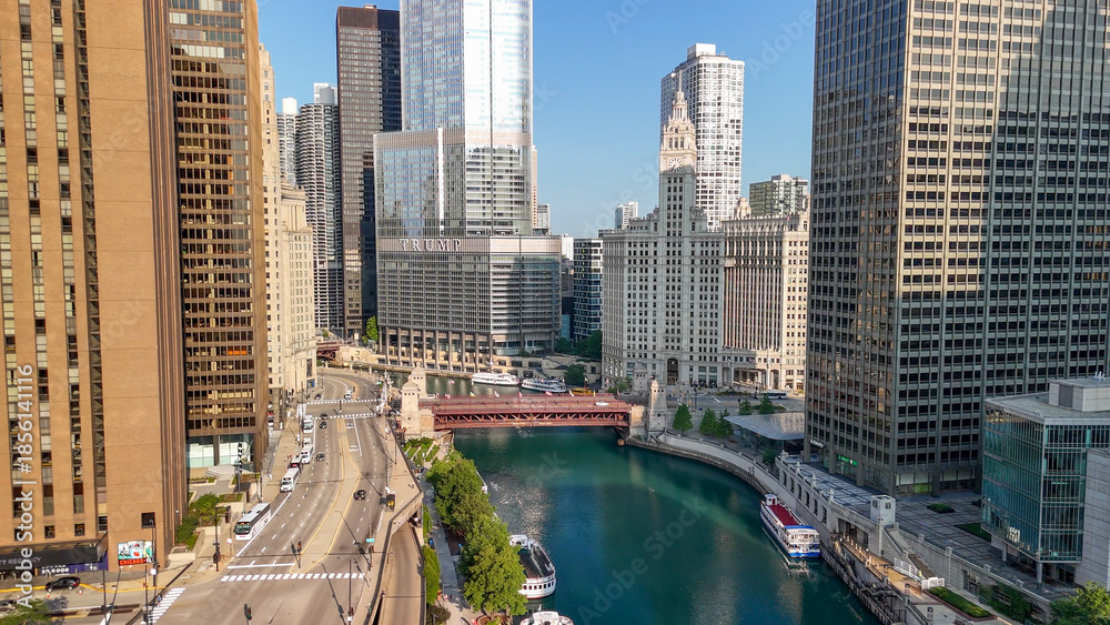 Fototapeta premium Chicago, IL - July 27, 2024: Aerial view of Chicago skyline from city river on a beautiful summer day