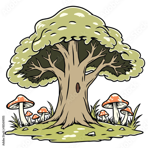 Enchanted Forest Tree with Red Mushrooms and Hollow Trunk