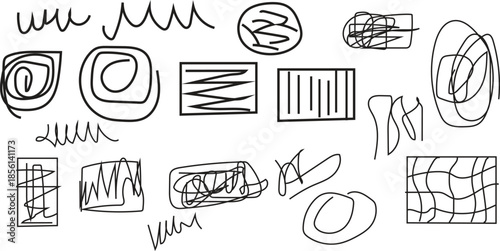 Collection of hand drawn abstract line patterns and shapes