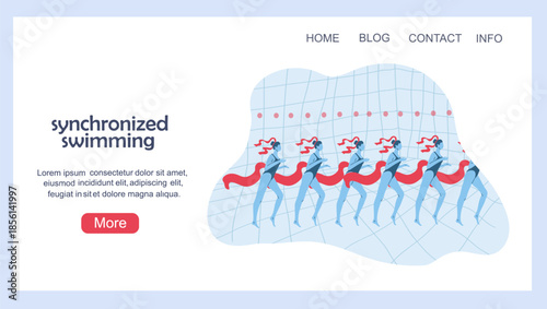 Landing page with a women's synchronized swimming team. Hand drawn vector illustration.