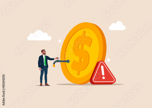 Businessman opening water tap to let dollar coins next to a exclamation attention sign of a reliable business bank program with bad quality. No money. Flat vector illustration