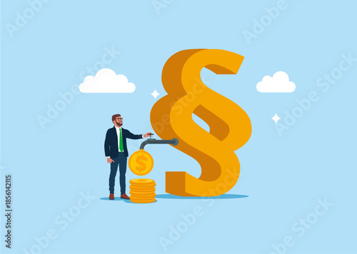 Businessman opening water tap from paragraph and money is pouring out of the tap. Flat vector illustration