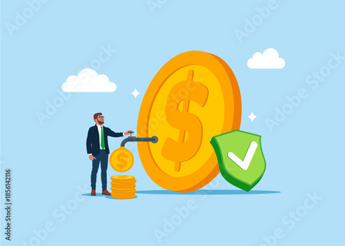 Businessman opening water tap to let dollar coins next to a shield of a reliable business bank program with good quality. Financial investments. Flat vector illustration