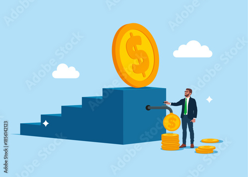 Businessman opening water tap from profit ladder and money is pouring out of the tap. Investment profit growth. Make money to get rich or increase earning or income.
