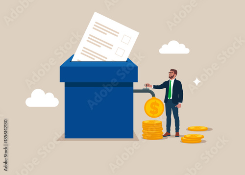 Voter bribery. Voting for money. Businessman with election box and opening water tap. Dollar coins out of the tap. Flat vector illustration
