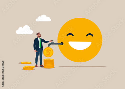 Clean money. Businessman opening water tap from paragraph and money is pouring out of the tap. Happy face. Flat vector illustration