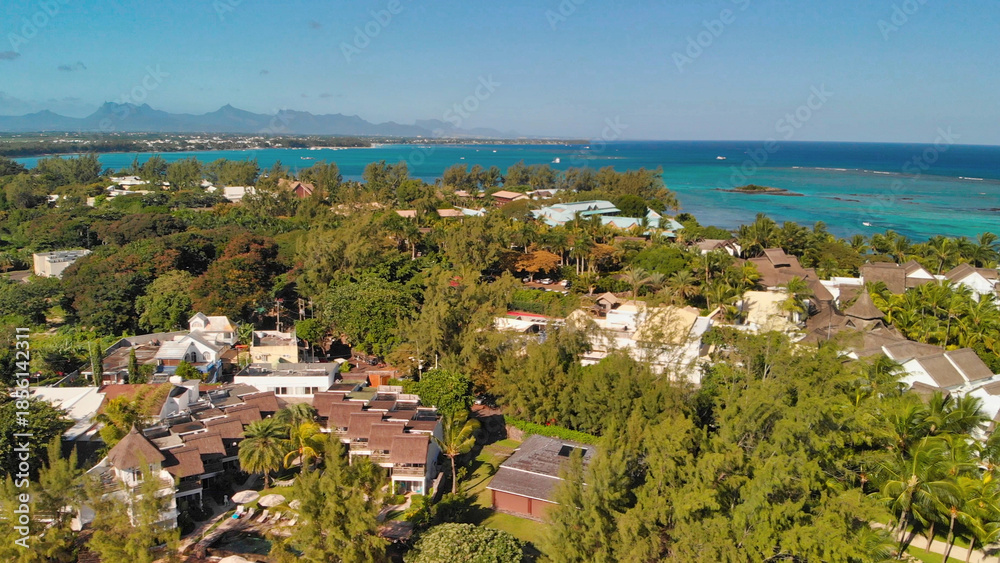 Obraz premium Beautiful beach of Mont Choisy in Mauritius, aerial view from drone