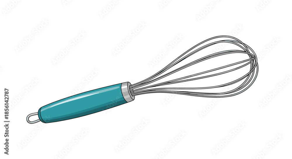 Obraz premium Professional kitchen whisk with a teal blue handle isolated on a white background for efficient cooking and baking tasks.