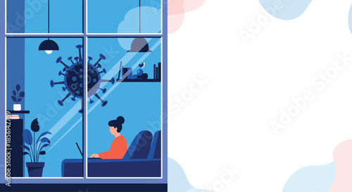 Social distancing concept showing a person working from home with a large virus icon silhouette visible outside the room window.