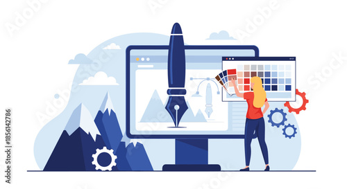 Creative graphic designer working at a computer desk with a color palette and digital drawing tools displayed on the monitor.