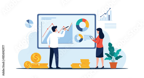 Two business professionals analyze financial growth charts and pie diagrams on a large screen, discussing market trends and investment strategies.
