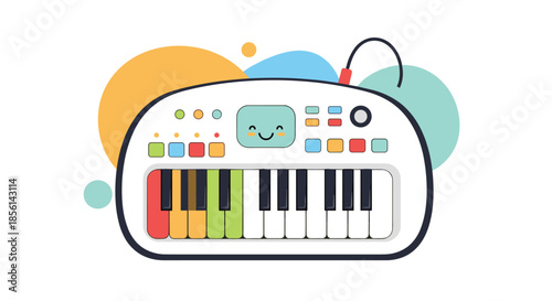 Adorable white electronic keyboard toy with colorful keys and a happy face on the screen, isolated on a white background with abstract shapes.