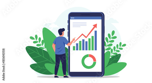 Professional man analyzing a growth chart on a large smartphone screen, surrounded by lush green leaves, symbolizing mobile business tracking.