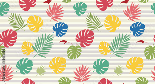 Vibrant seamless pattern of colorful tropical leaves like monstera and palm fronds on a light beige striped background for summer designs.