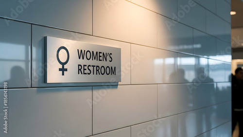 A clear sign indicates the women's restroom, mounted on a modern, tiled wall. Soft lighting and blurred figures in the background suggest a public space, with a minimalistic, clean design. 