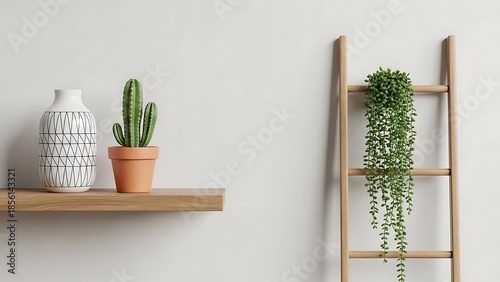 Wooden shelf with potted plants and vase home decor