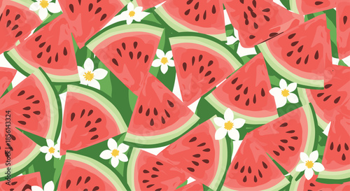 Refreshing and bright seamless pattern of juicy watermelon slices and small white flowers on a vibrant green background for summer themes.