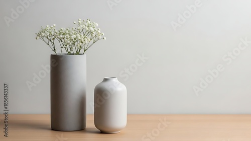 Two white vases on a wooden table with flowers home decor