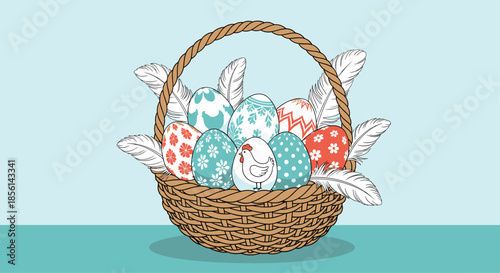 Rustic wicker basket filled with beautifully decorated Easter eggs and soft white feathers on a soothing and calm light blue background.