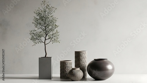 Group of vases and potted tree on a white surface home decor