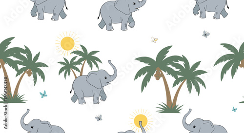 Charming seamless pattern of cute baby elephants walking among tropical palm trees and bright suns on a clean and simple white background.