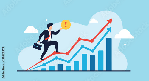Business professional running up a rising arrow bar graph towards a bright exclamation point, signifying career goals and challenges.