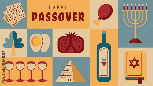 Happy Passover minimalist geometric illustration. Modern flat design background for Pesach banners, posters, greeting cards and holiday templates.