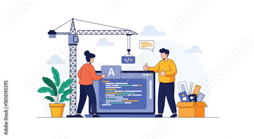Collaborative software developers working together to build an application on a large laptop screen with a professional construction crane.