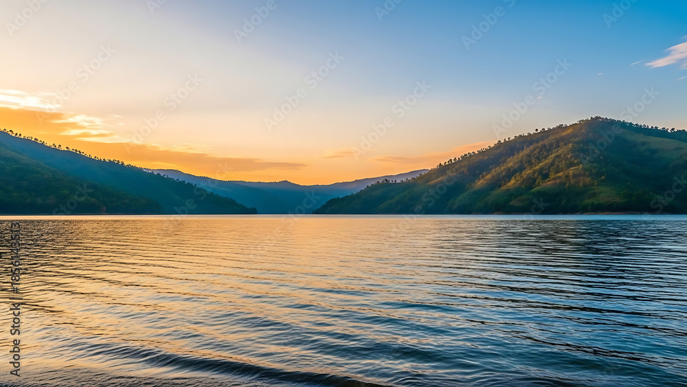 Fototapeta premium Sunset over calm lake and hills