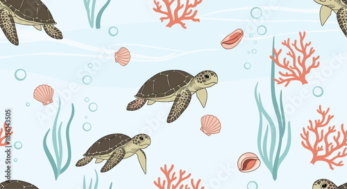 Seamless aquatic pattern featuring cute sea turtles swimming among colorful coral reefs and various seashells.