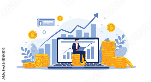 Successful entrepreneur sitting on a pile of money on a laptop computer while monitoring business growth charts.