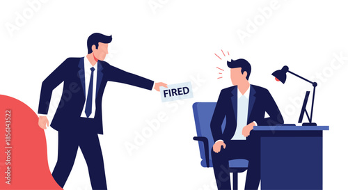 Office manager handing a termination notice to a sad employee at a workstation with a laptop and desk lamp.