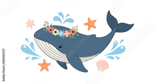 Adorable blue whale wearing a crown of colorful spring flowers surrounded by starfish and various sea shells.